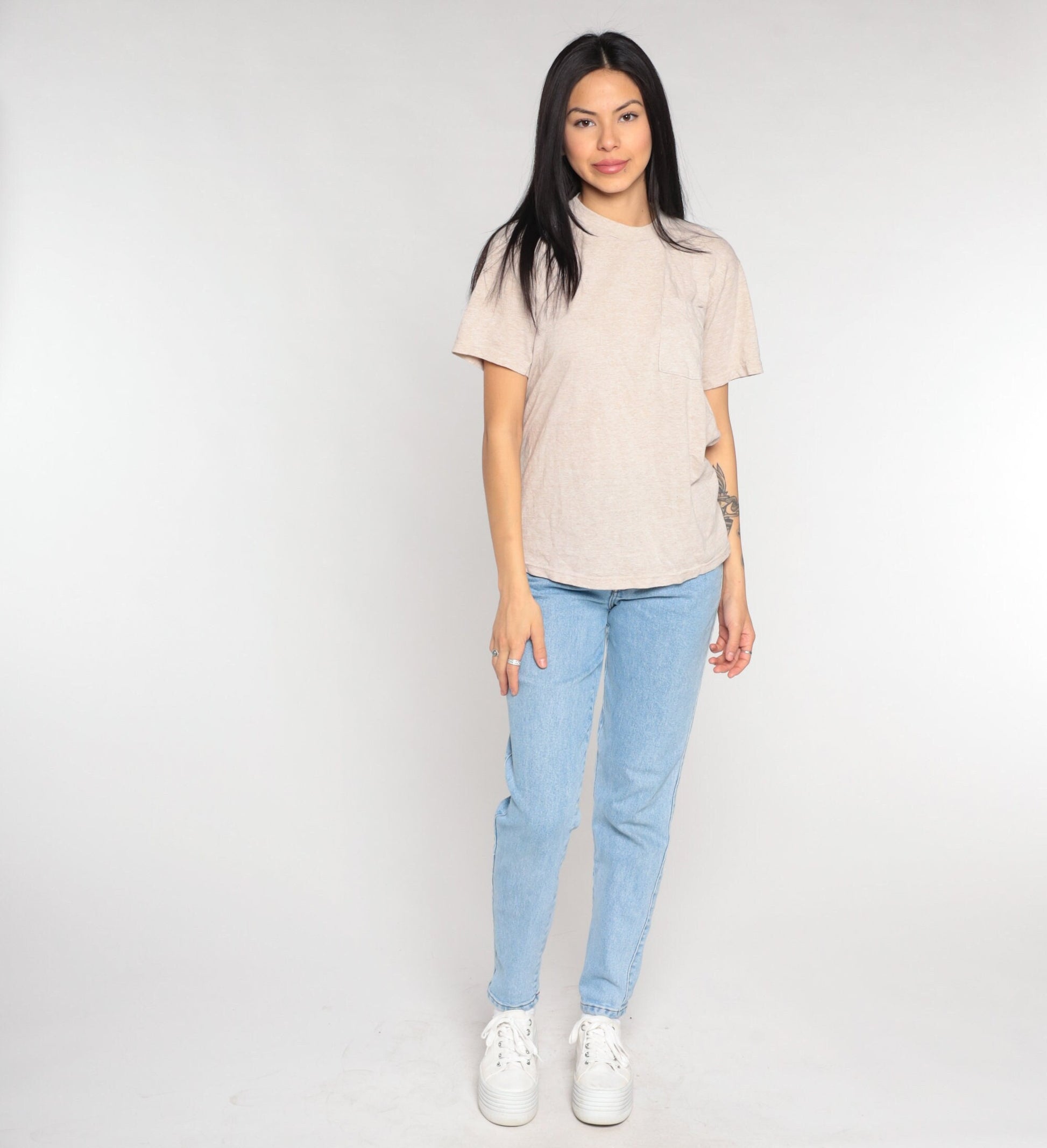 90s Fruit of the Loom Pocket Tee Heather Beige T-Shirt Medium M