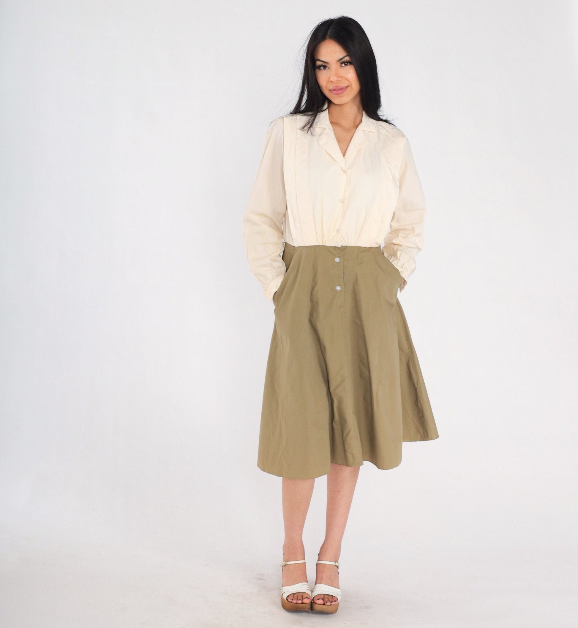 80s Leslie Fay Button-Up Shirtwaist Midi Dress Cream Olive Small