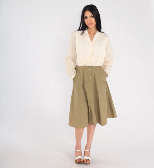 80s Leslie Fay Button-Up Shirtwaist Midi Dress Cream Olive Small
