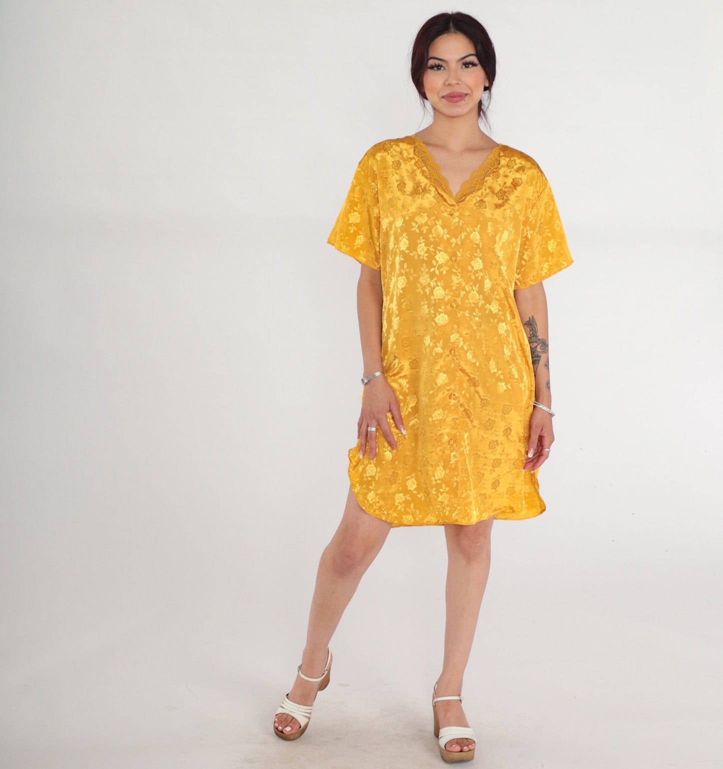 90s Yellow Satin Nightgown Floral Embossed Mini Lace Trim Button-Up Large