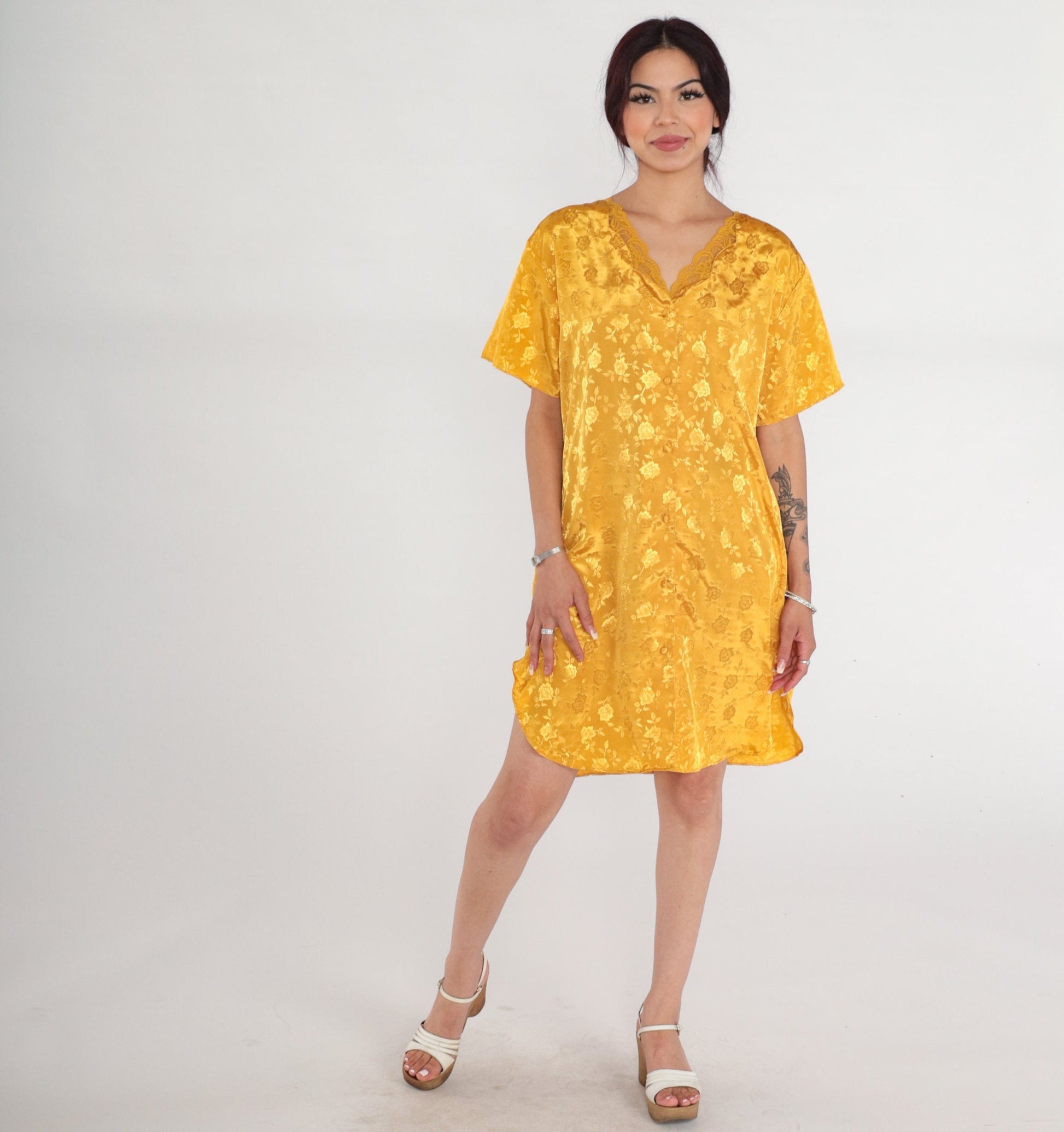 90s Yellow Satin Nightgown Floral Embossed Mini Lace Trim Button-Up Large