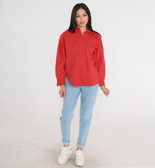 90s Red Cotton Button-Up Shirt Dot Arrow Print Long Sleeve Medium
