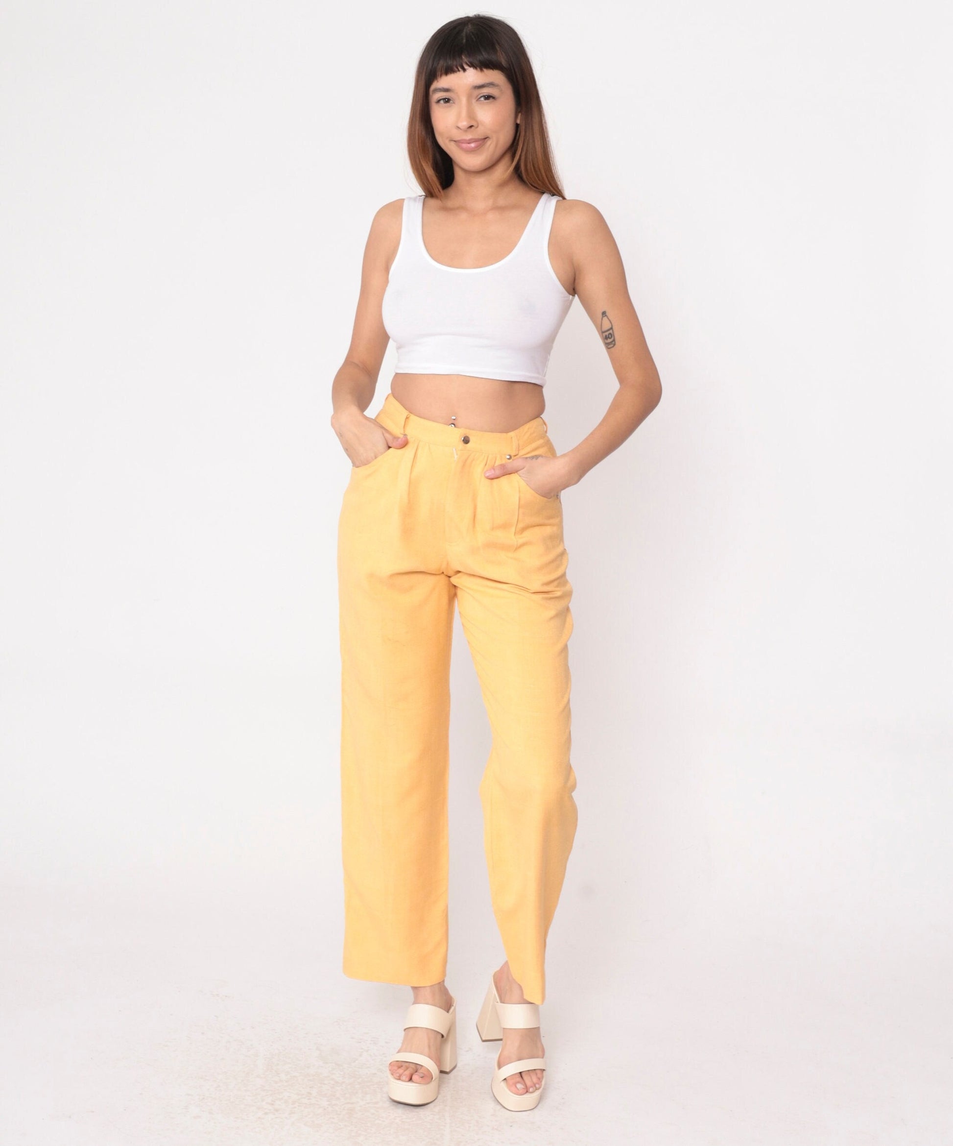 80s Carole Little Light Orange Silk Pleated High-Waist Trousers Small