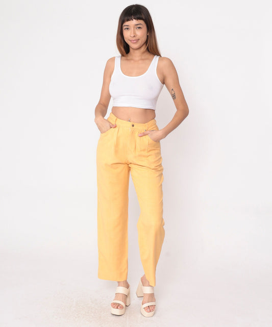 80s Carole Little Light Orange Silk Pleated High-Waist Trousers Small