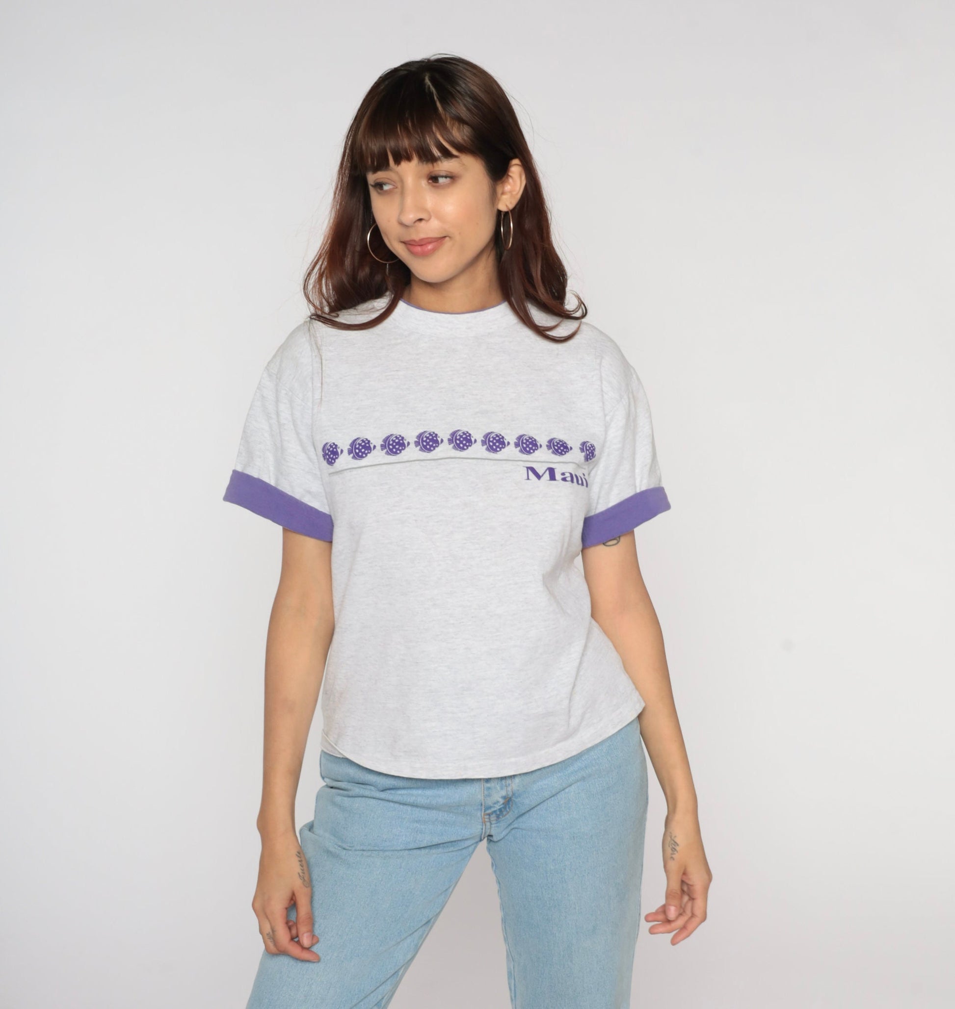 90s Maui Tropical Fish Graphic T-Shirt Grey Purple Cuffed Sleeve Medium