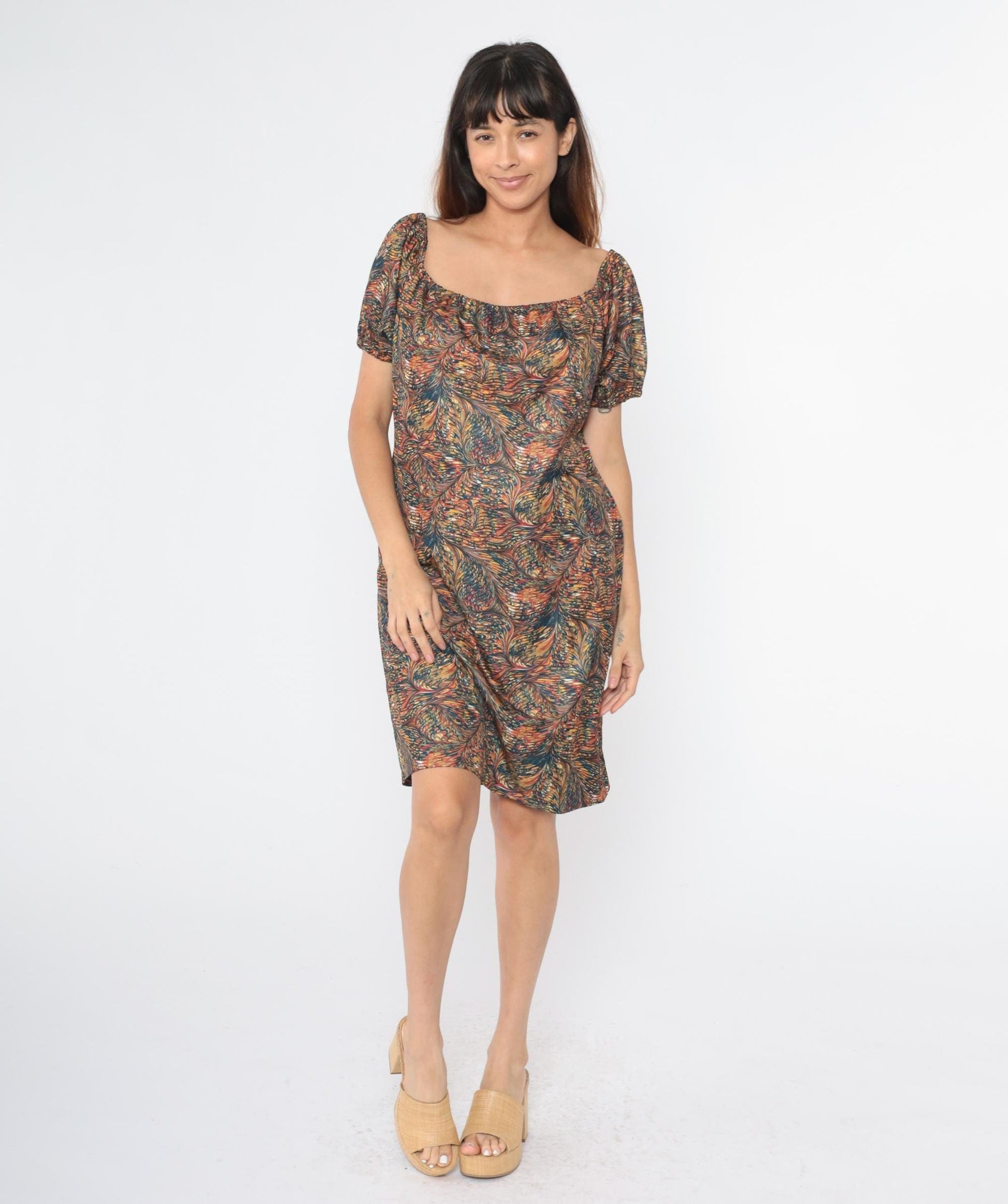 70s Psychedelic Feather Print Shift Dress Elastic Neckline Knee Length Large