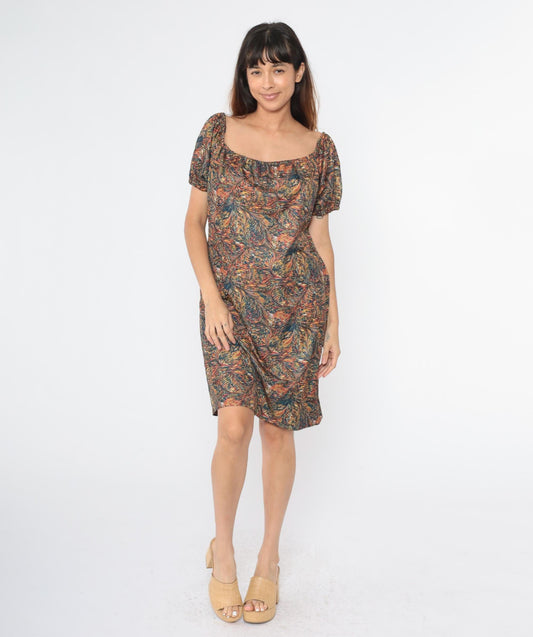 70s Psychedelic Feather Print Shift Dress Elastic Neckline Knee Length Large