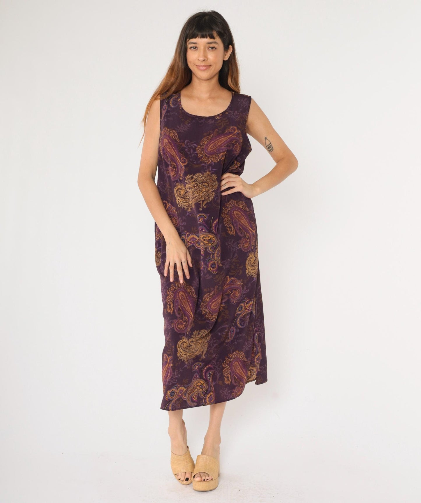 90s Purple Paisley Maxi Dress Sleeveless Scoop Neck Shift Large