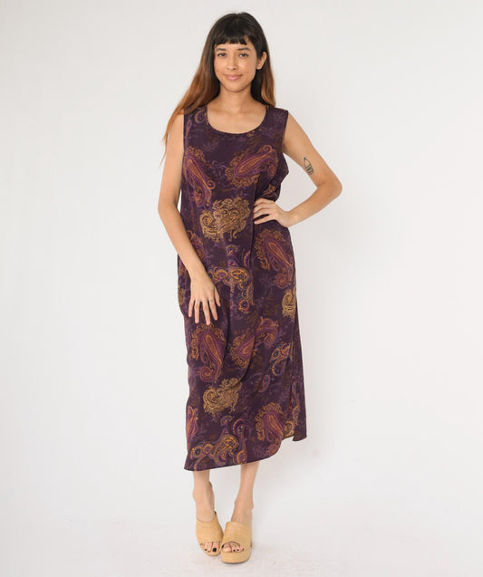 90s Purple Paisley Maxi Dress Sleeveless Scoop Neck Shift Large