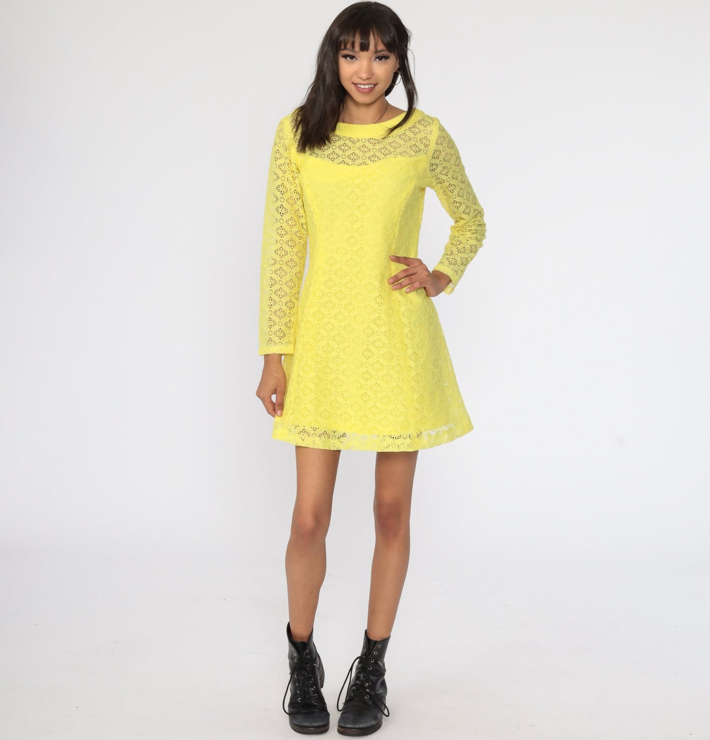 60s Yellow Lace Mini Dress Illusion Neckline Shift Long Sleeve Small Medium