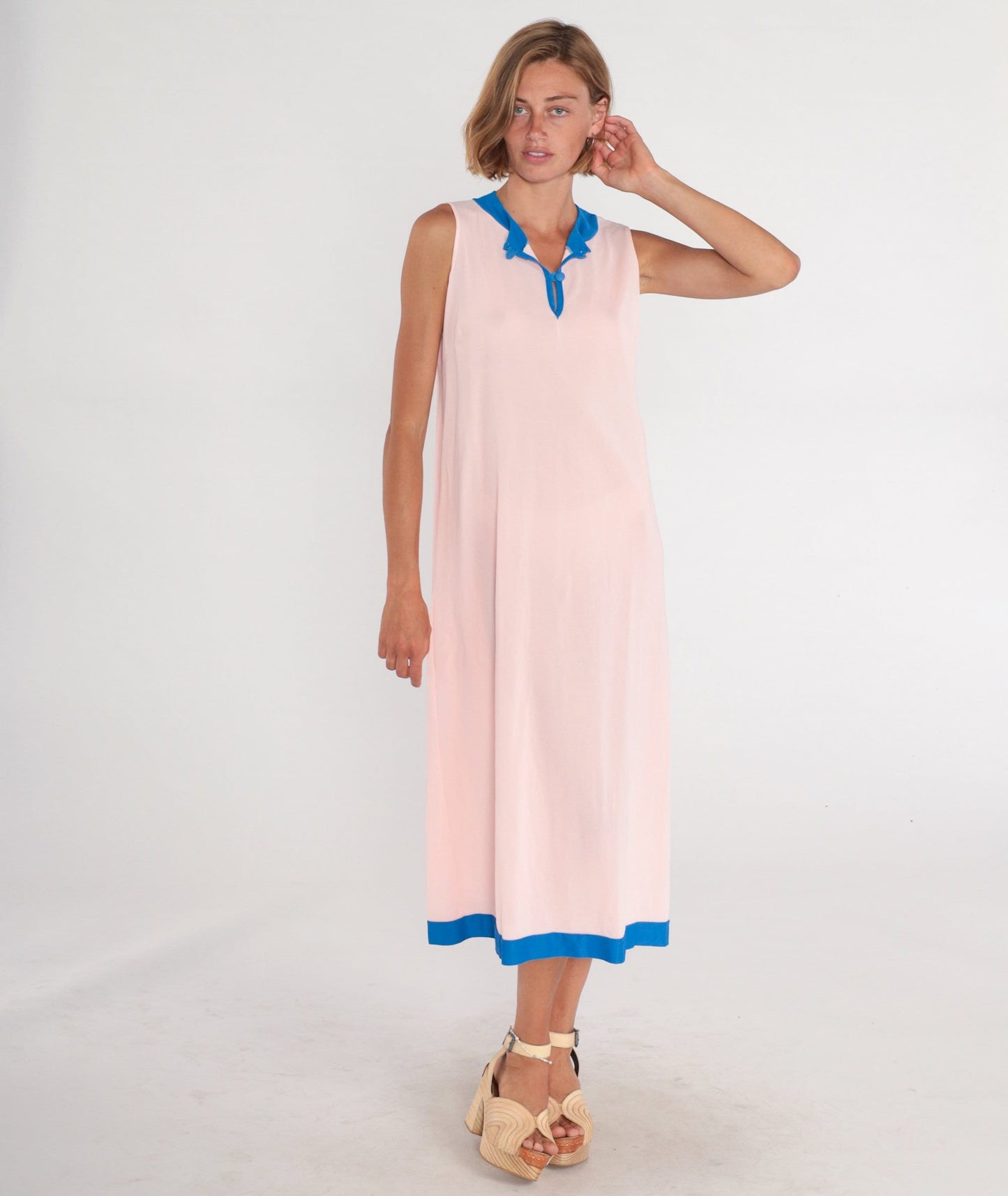 70s Pink Midi Dress Blue Trim Sleeveless Button-Up Column Large L