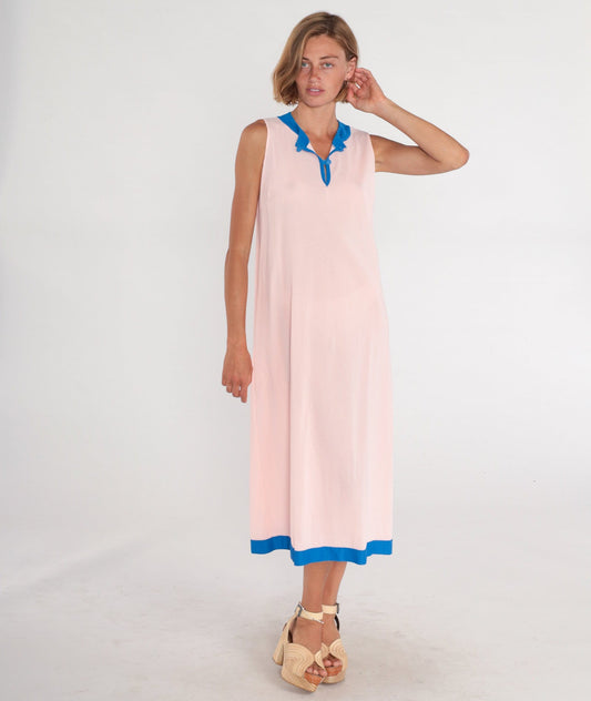 70s Pink Midi Dress Blue Trim Sleeveless Button-Up Column Large L