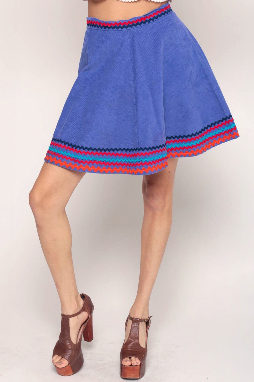 70s Purple Corduroy Mini Skirt High Waisted A-Line Flared Small