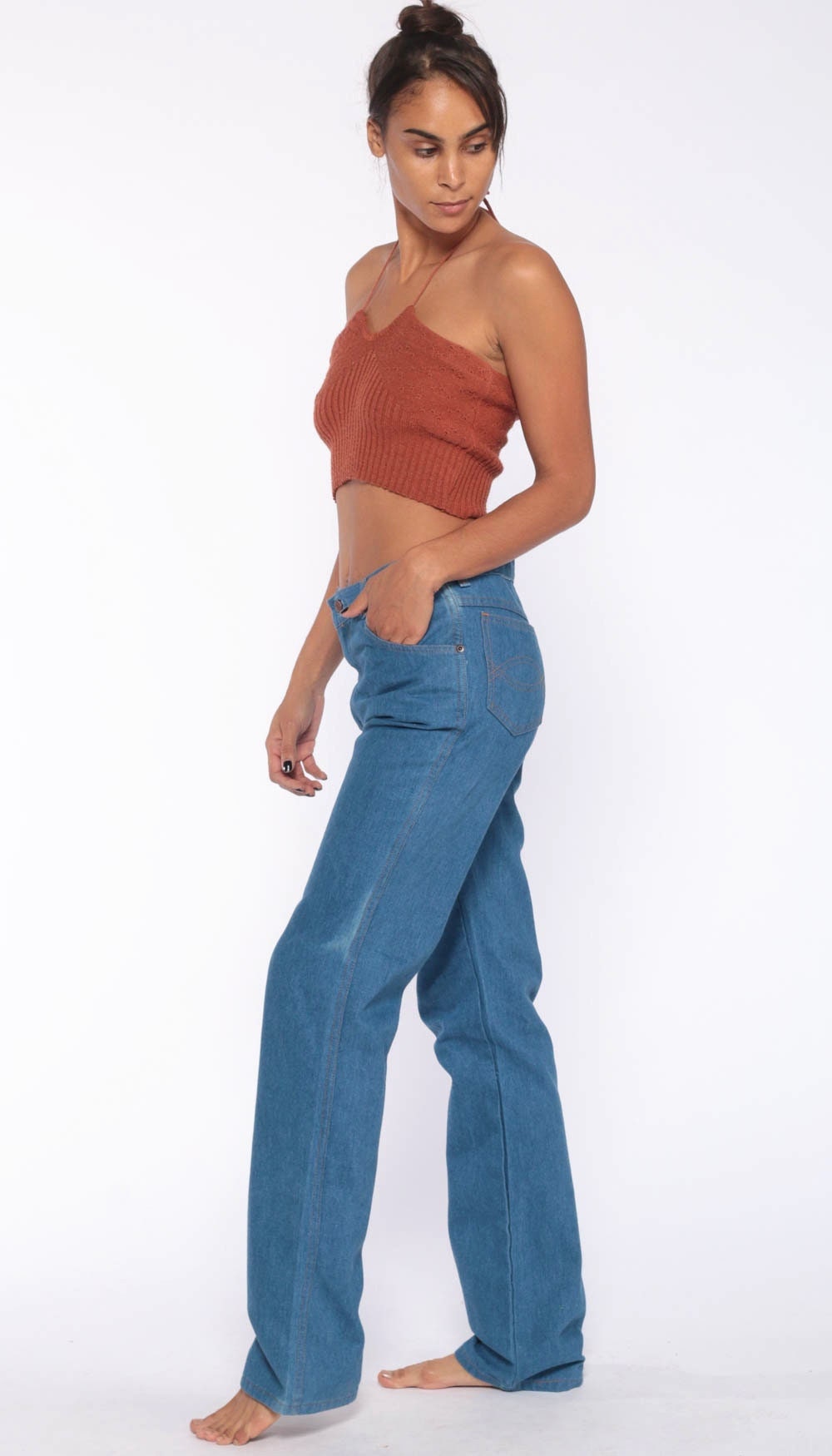70s High Waisted Straight Leg Jeans Blue Denim Unisex Small