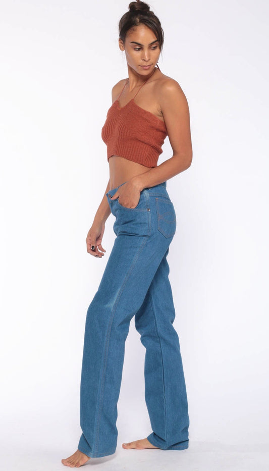 70s High Waisted Straight Leg Jeans Blue Denim Unisex Small