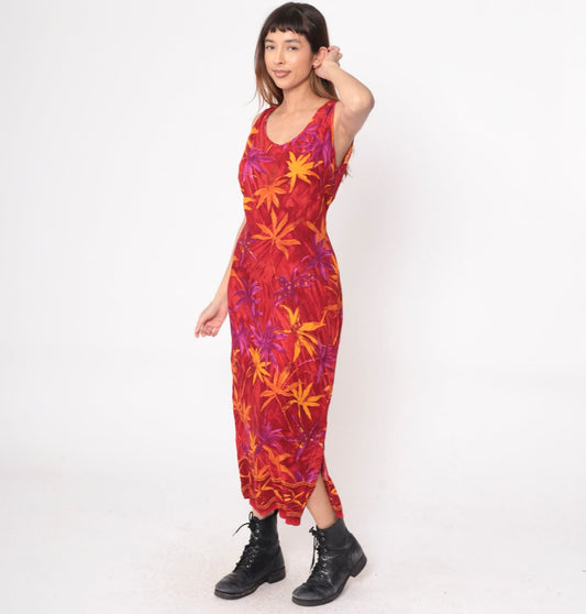 90s Red Tropical Leaf Print Maxi Dress Sleeveless Scoop Neck Medium M