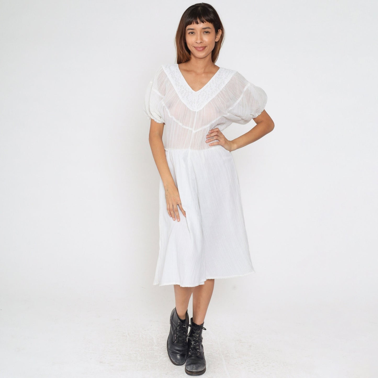 80s White Gauze Midi Dress Puff Sleeve V-Neck Lace Trim High Waist Extra Small