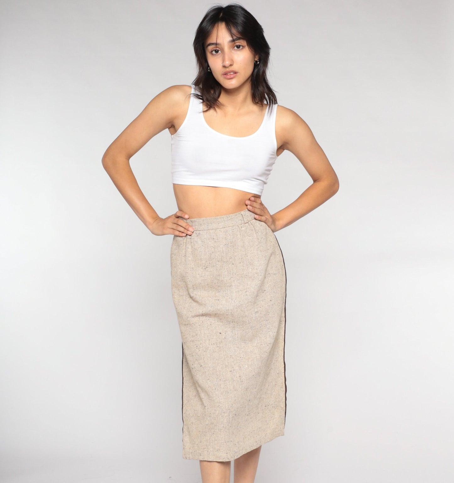 70s Tan Pencil Midi Skirt High Waist Side Slit Woven Extra Small
