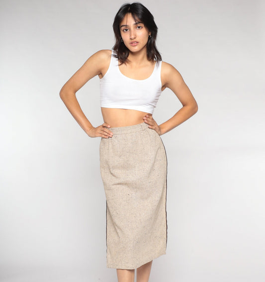 70s Tan Pencil Midi Skirt High Waist Side Slit Woven Extra Small