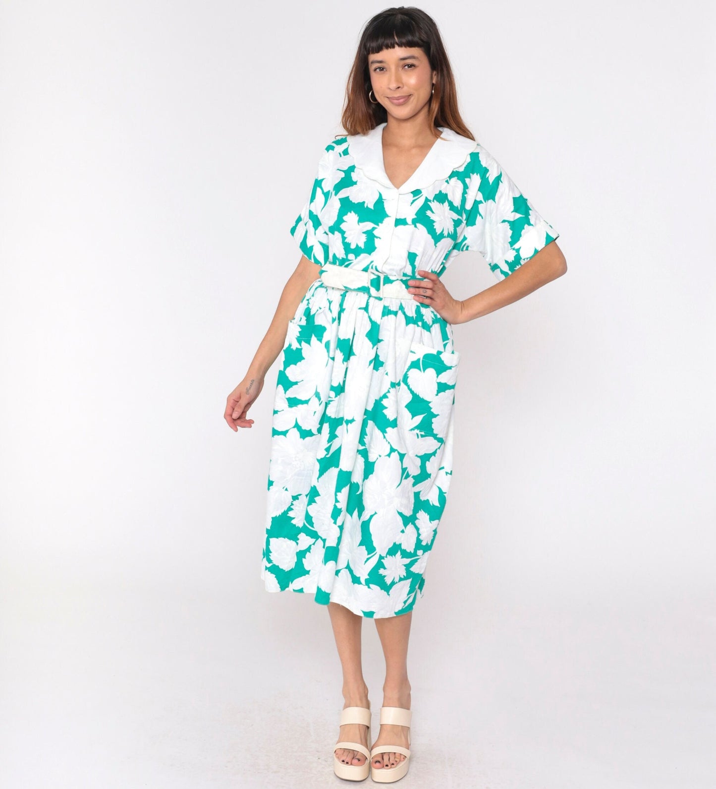 80s Leslie Fay Floral Midi Shirtdress Green White Scalloped Collar Belted Large