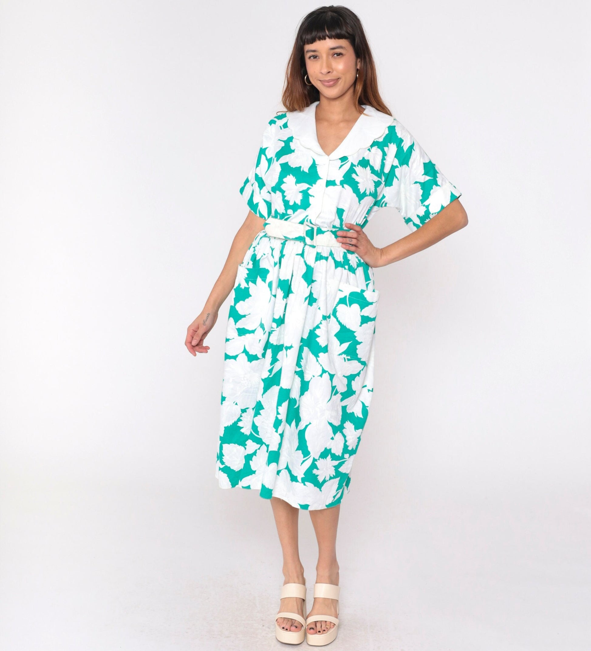 80s Leslie Fay Floral Midi Shirtdress Green White Scalloped Collar Belted Large