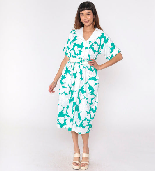 80s Leslie Fay Floral Midi Shirtdress Green White Scalloped Collar Belted Large