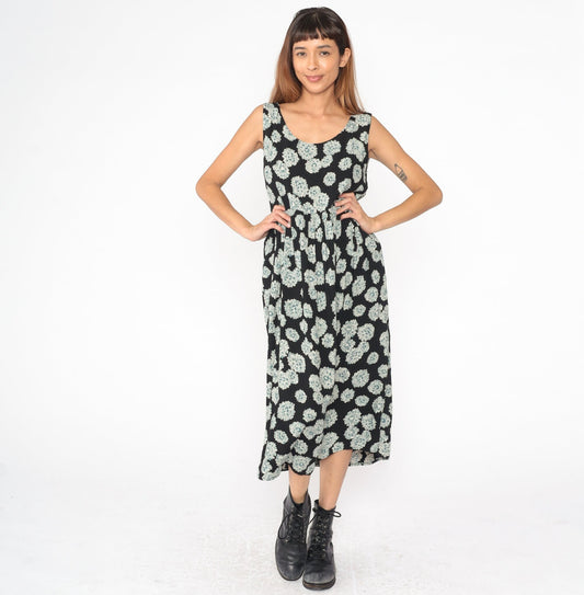 90s Floral Midi Dress Black Rayon High Waist Sleeveless Large L