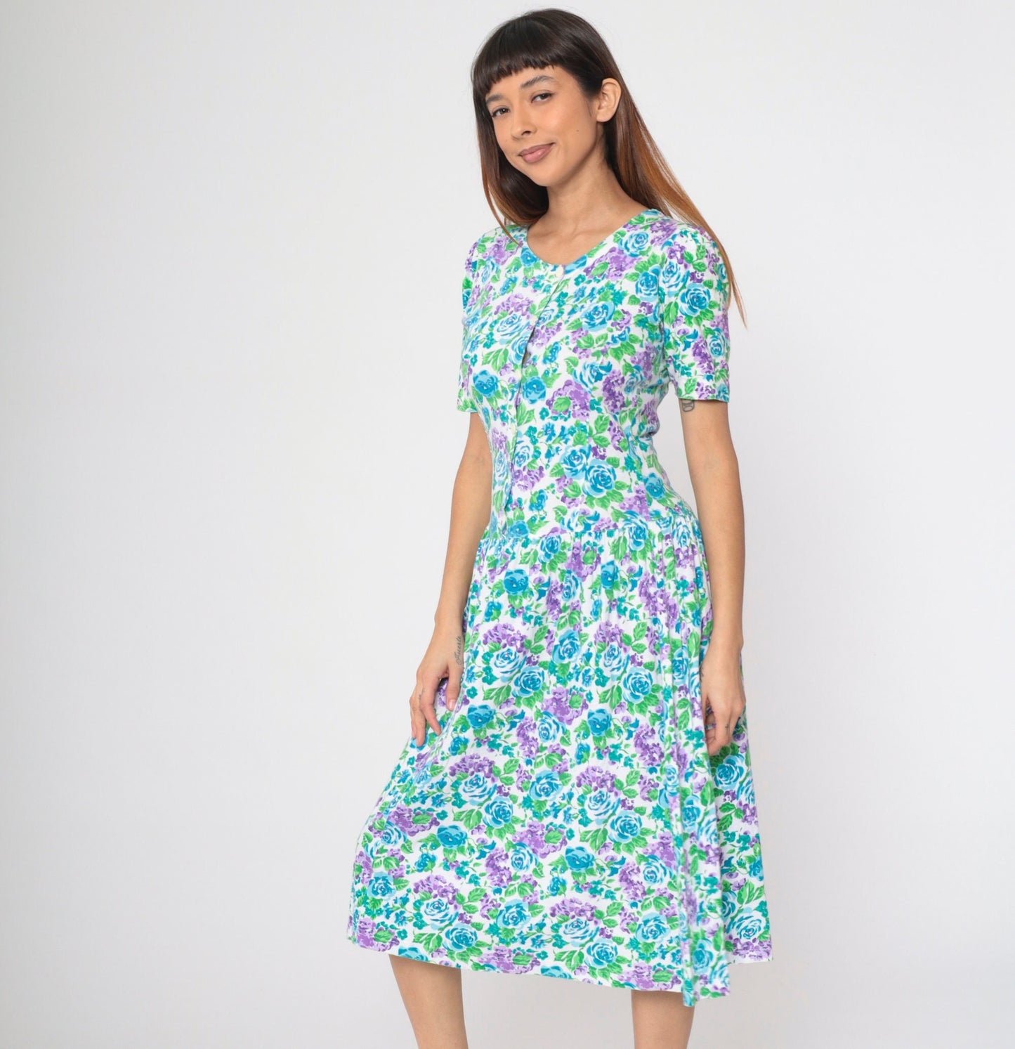 80s Floral Midi Dress Nordstrom Point of View Puff Sleeve Drop Waist Cotton Small