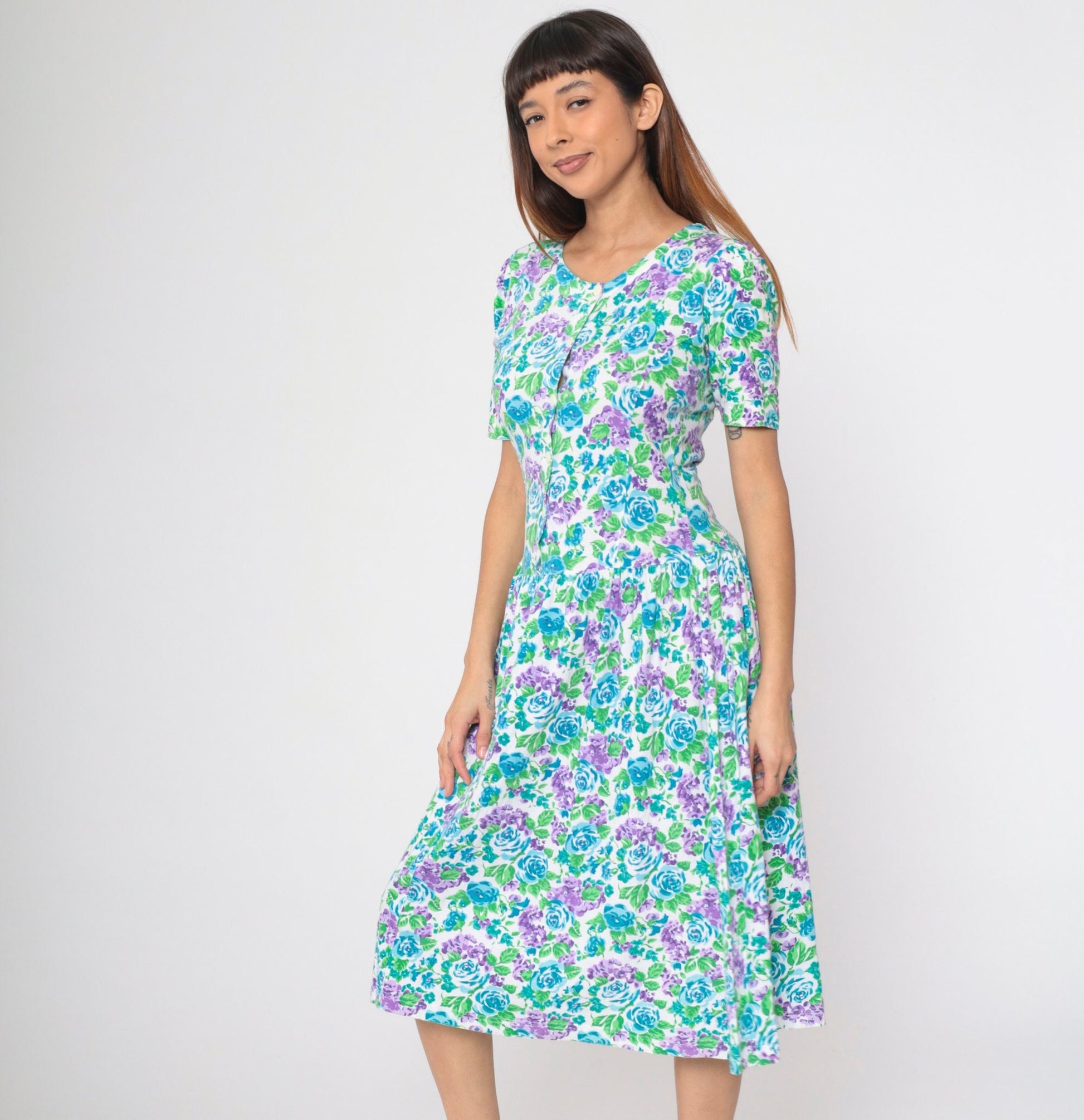 80s Floral Midi Dress Nordstrom Point of View Puff Sleeve Drop Waist Cotton Small