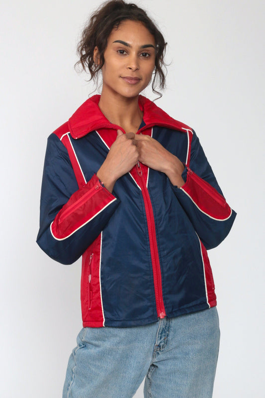 70s Puffer Ski Jacket Blue Red Striped Nylon Puffy Coat Extra Small