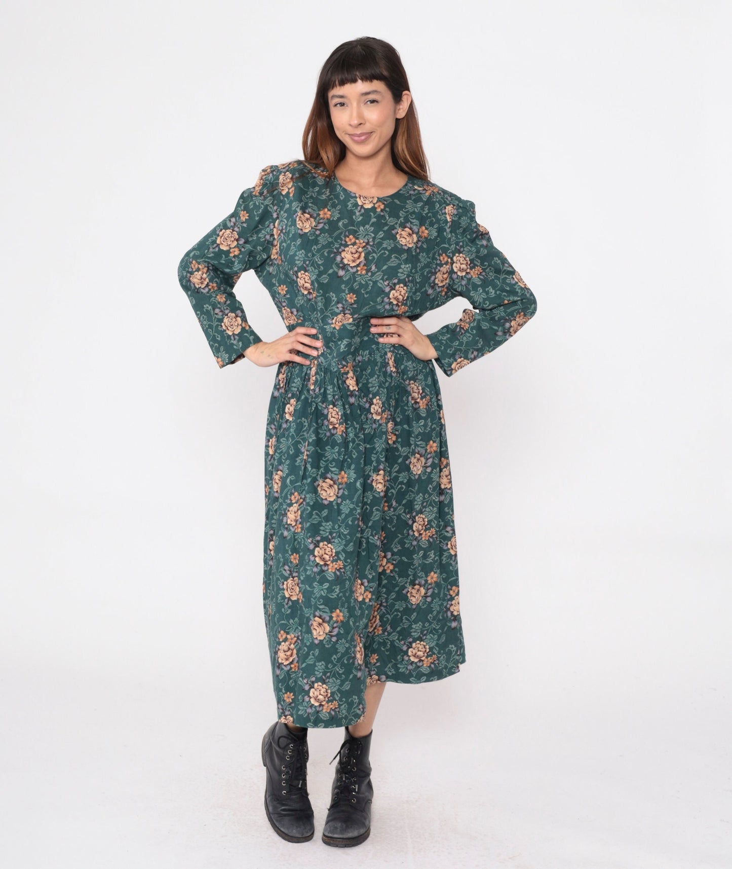 90s Karin Stevens Floral Midi Dress Green Orange Long Sleeve Drop Waist Extra Large