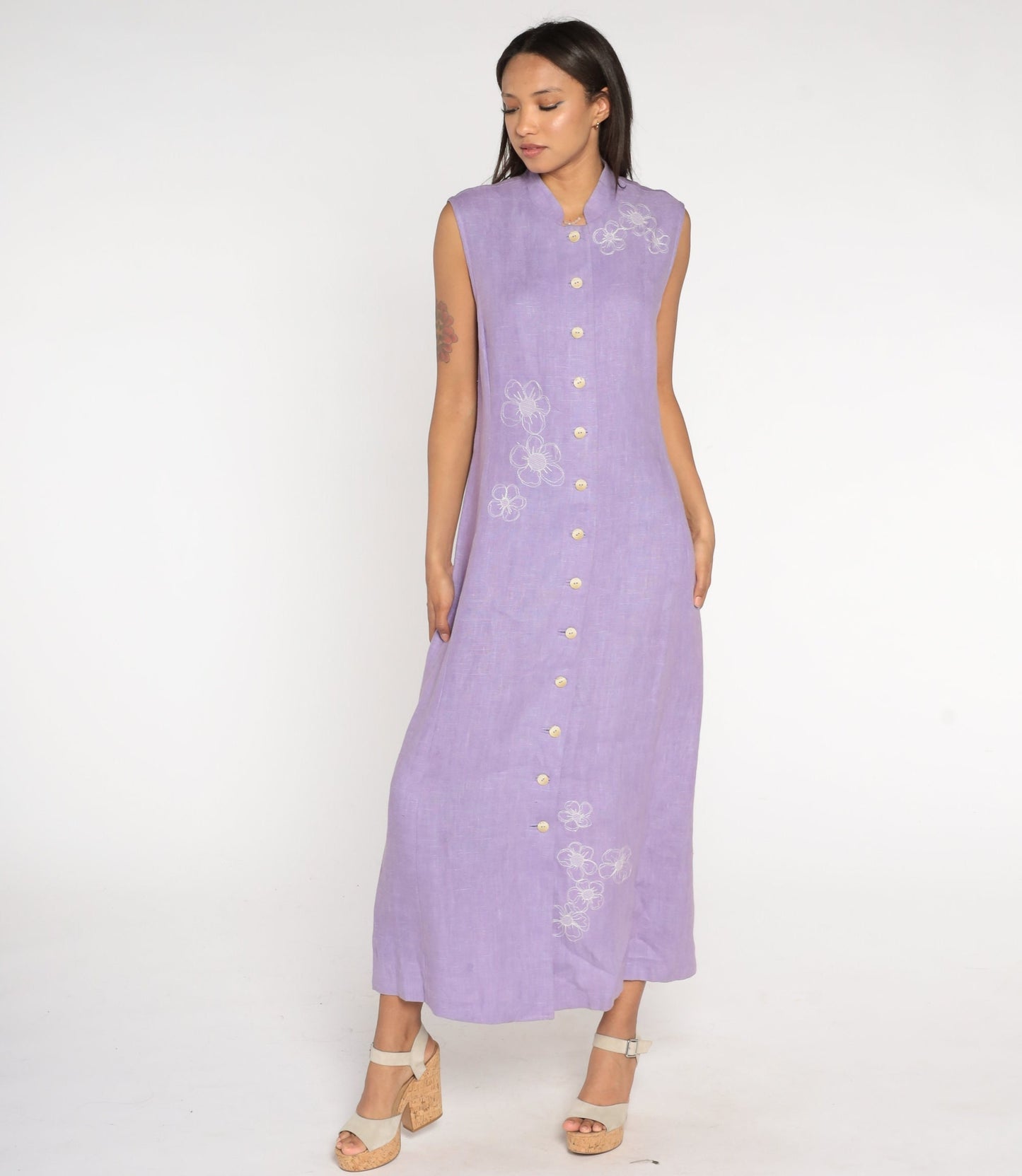 90s Harvey Benard Lavender Linen Maxi Dress Floral Embroidery Mandarin Collar Large