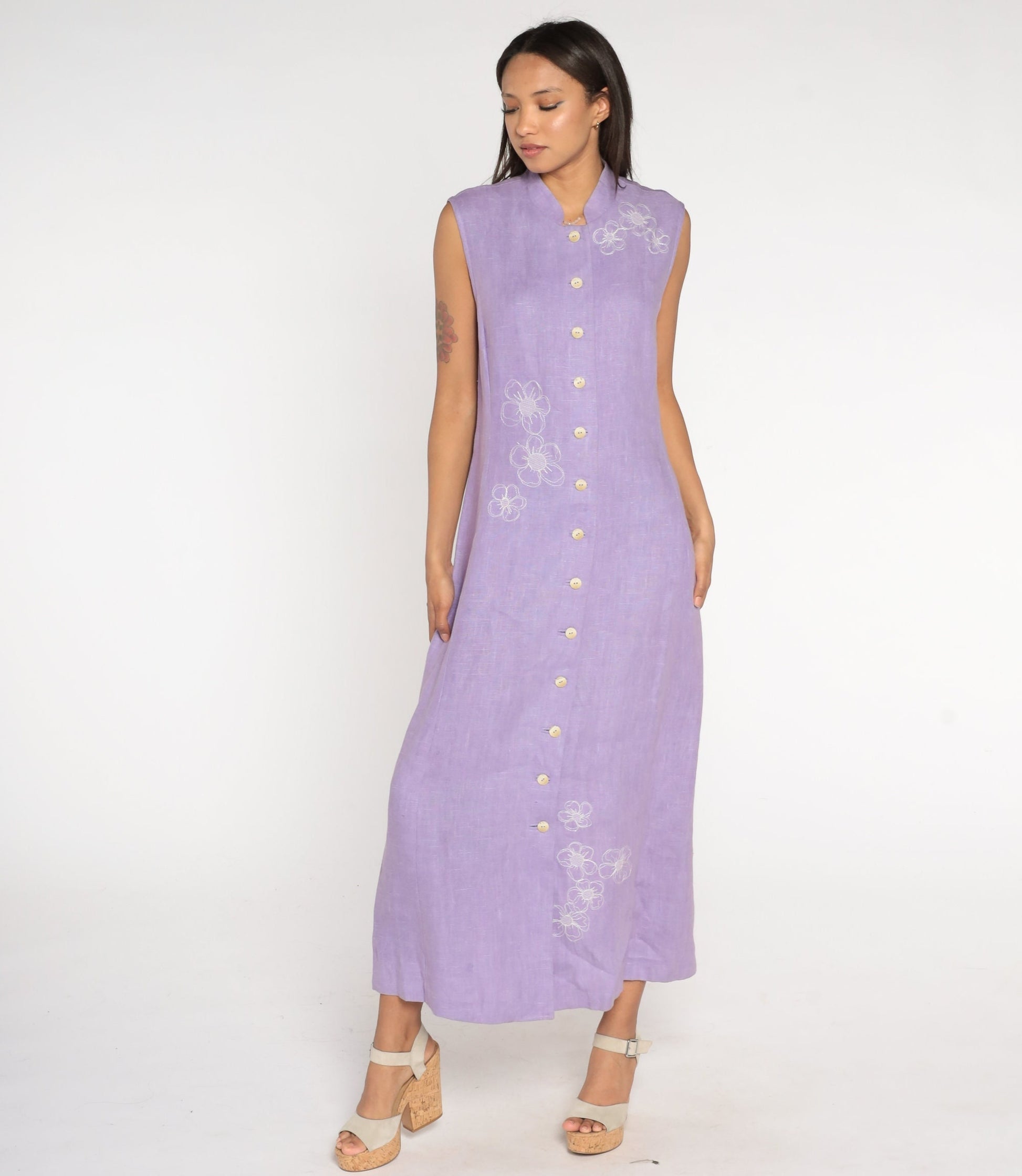 90s Harvey Benard Lavender Linen Maxi Dress Floral Embroidery Mandarin Collar Large