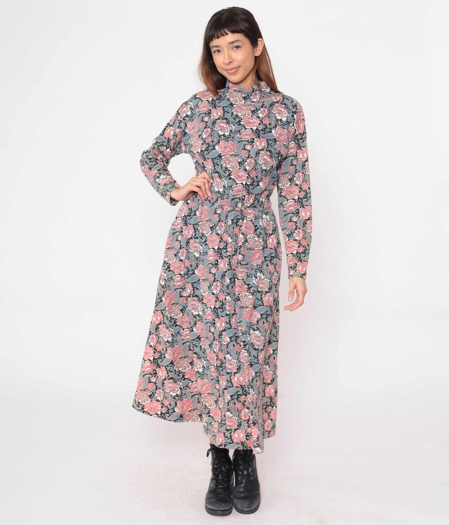 90s Floral Paisley Mock Neck Midi Dress Pink Blue Long Sleeve Small