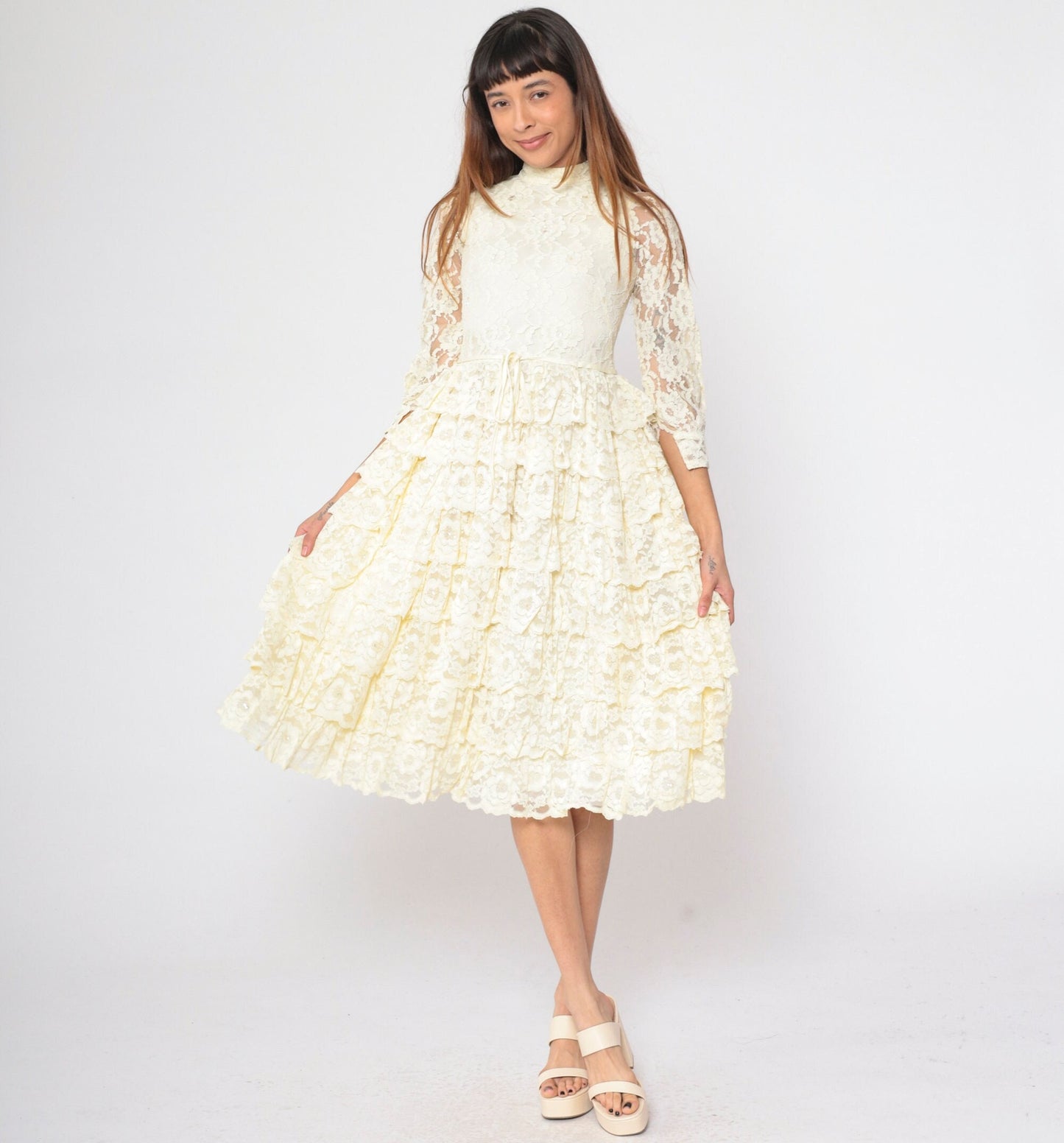 1960s Cream Floral Lace Midi Dress Puff Sleeve High Waist Tiered Ruffle XXS