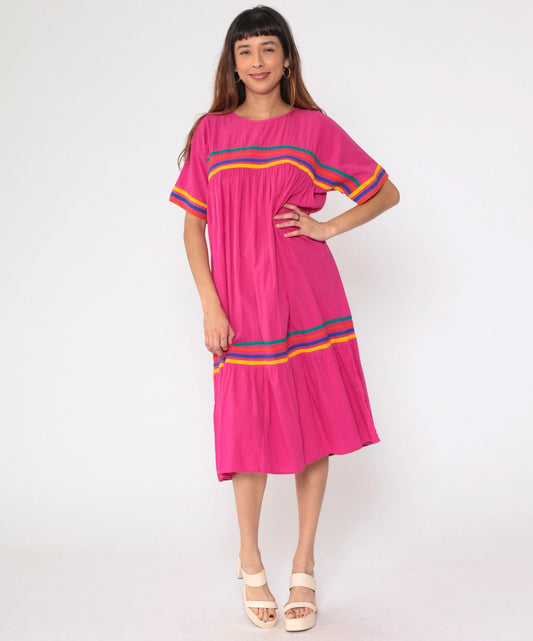 90s Hot Pink Rainbow Striped Cotton Tent Dress Dolman Sleeve Midi Medium