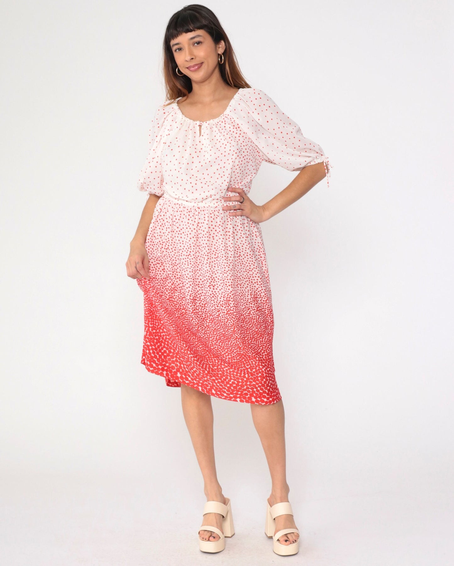 70s Peasant Dress Polka Dot Red White Midi Keyhole Neck Medium
