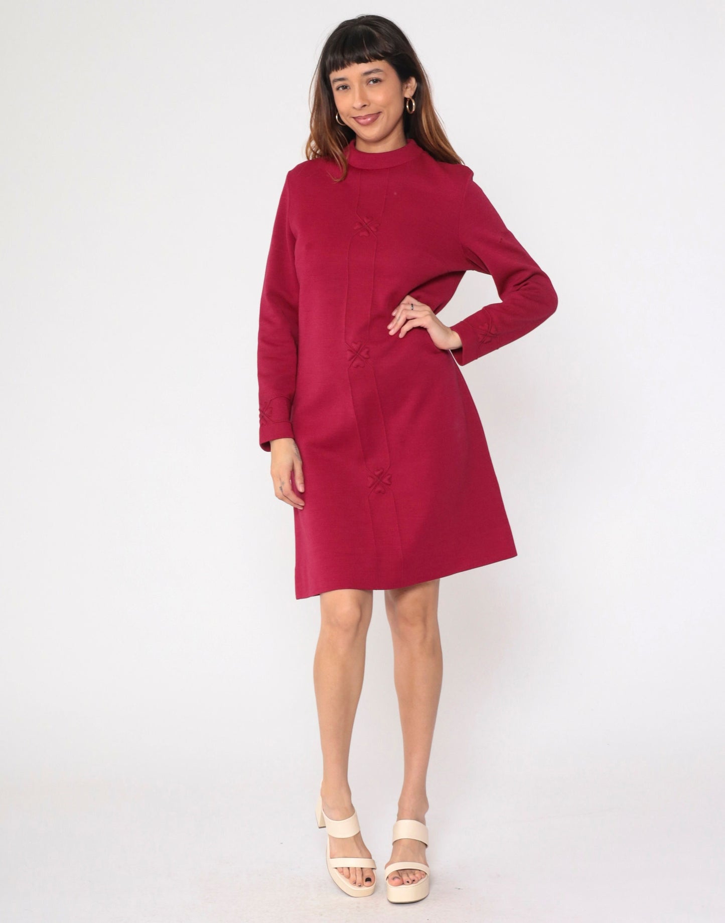 70s Burgundy Heart Wool Blend Shift Dress Long Sleeve Mini Medium