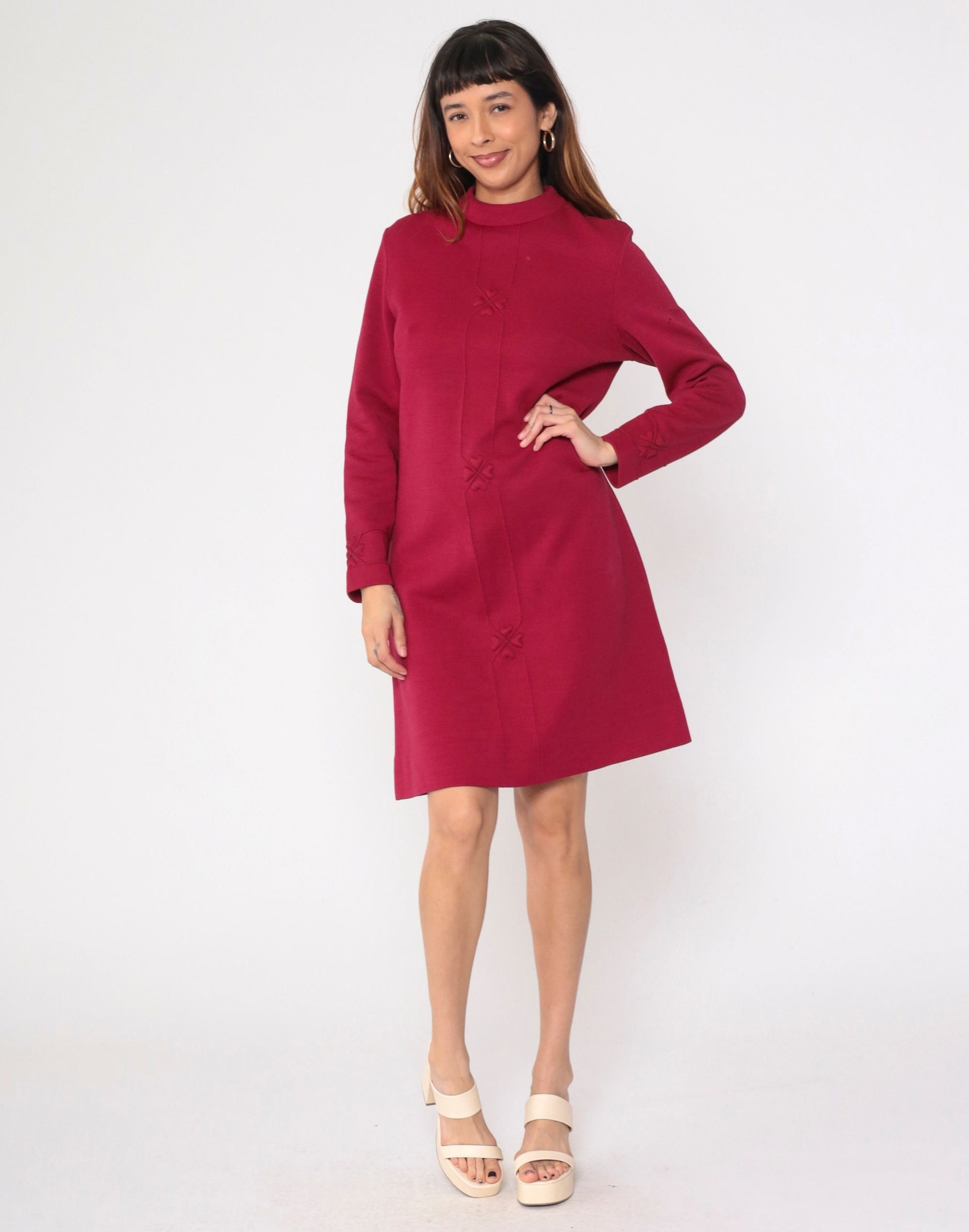 70s Burgundy Heart Wool Blend Shift Dress Long Sleeve Mini Medium