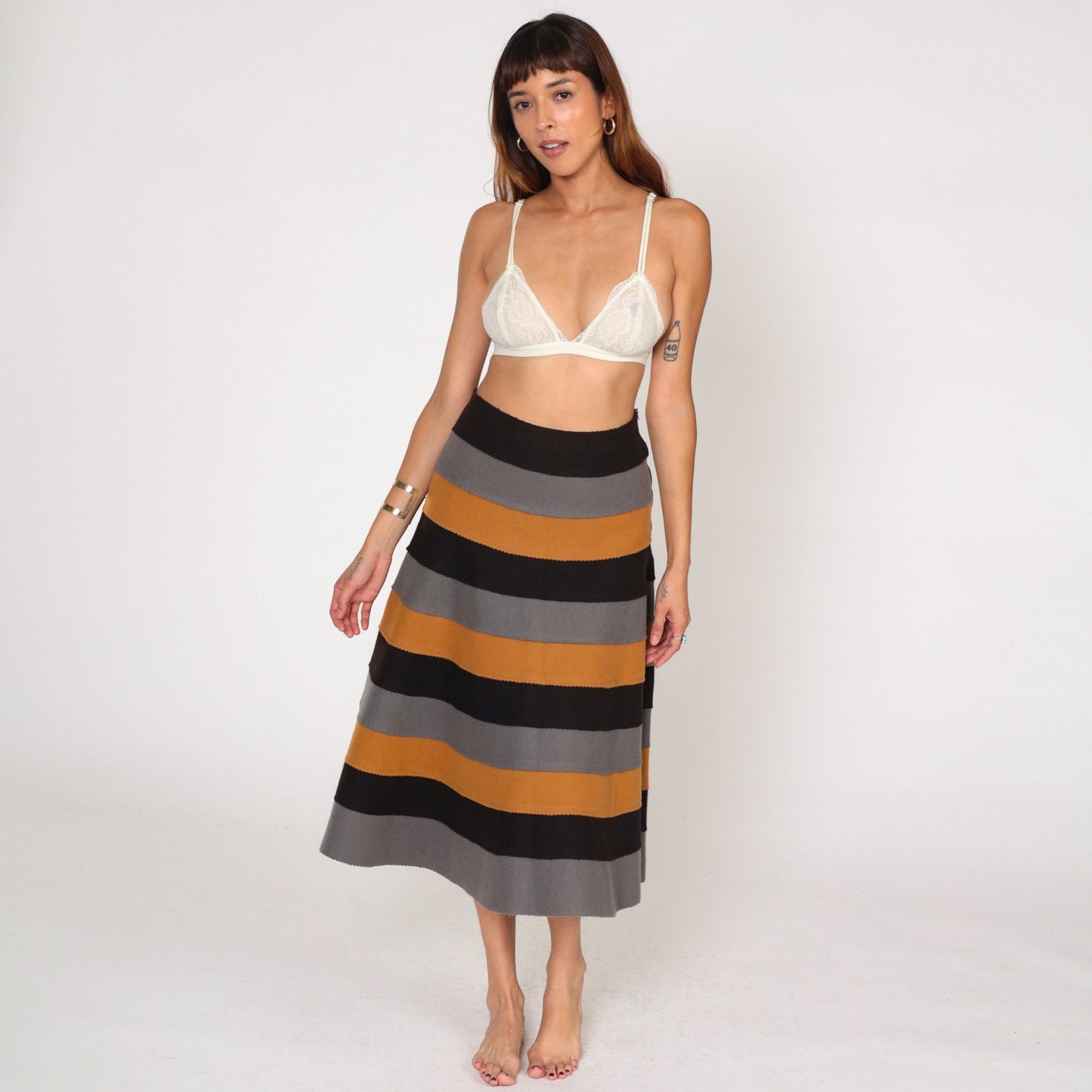 90s Wool Striped Midi Skirt High Waist A-Line Black Brown Grey Medium