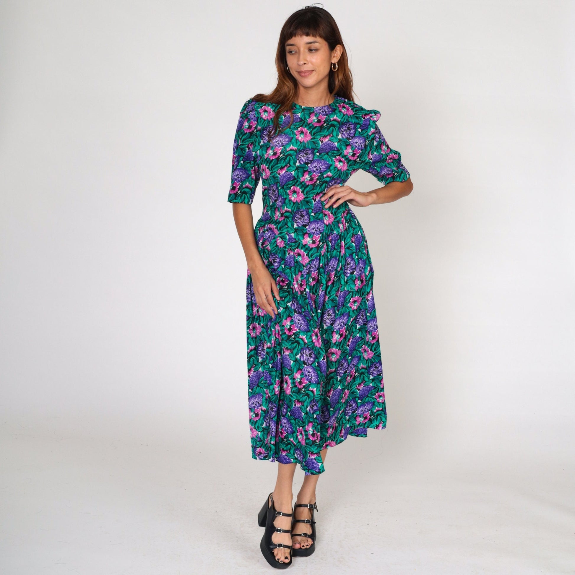 80s Floral Midi Dress Puff Sleeve Basque Waist Pink Purple Green Small