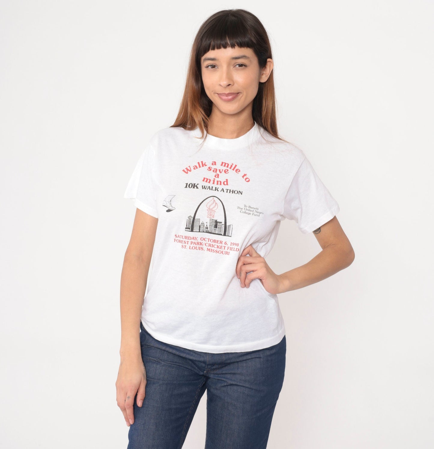 1990 UNCF Walk a Mile to Save a Mind St. Louis Walkathon T-Shirt White Graphic Small