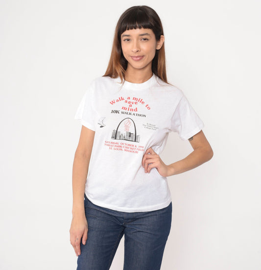 1990 UNCF Walk a Mile to Save a Mind St. Louis Walkathon T-Shirt White Graphic Small