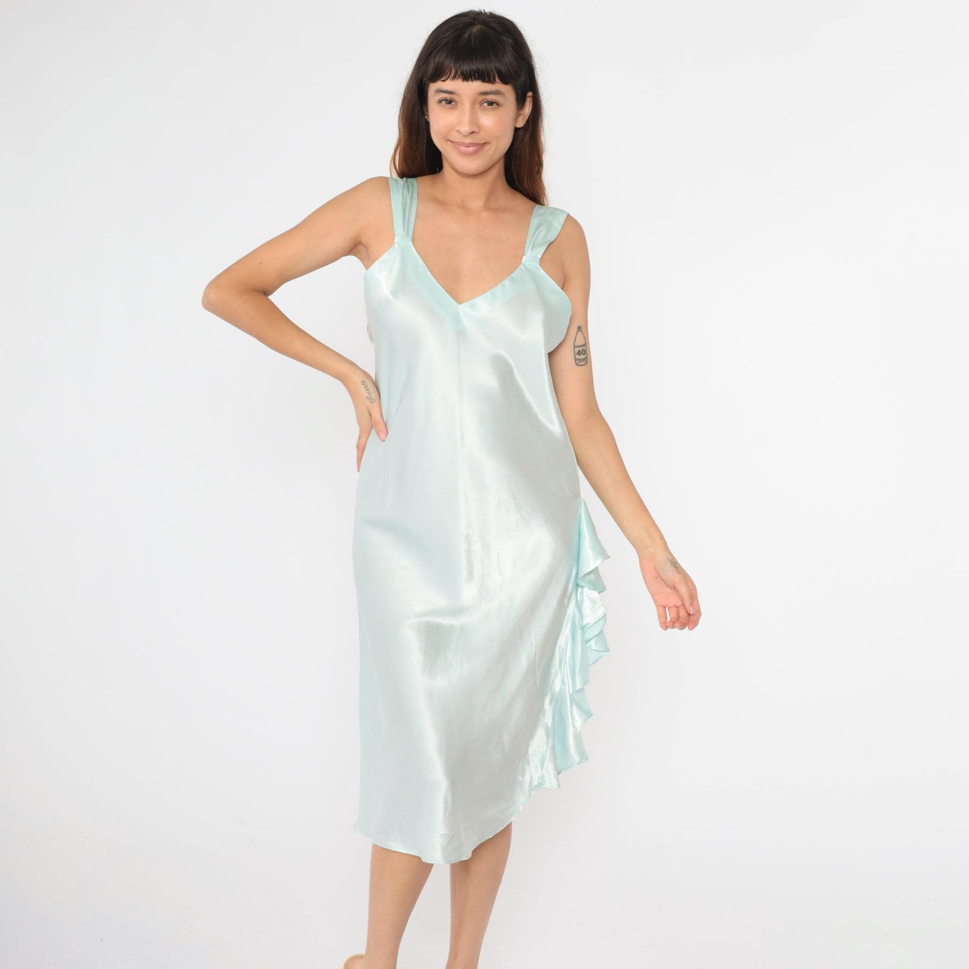 00s Victoria's Secret Ice Blue Satin Slip Dress Midi Ruffled Slit Large L