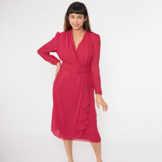 80s Miss Elliette Fuchsia Chiffon Midi Dress Puff Sleeve High Waist Medium