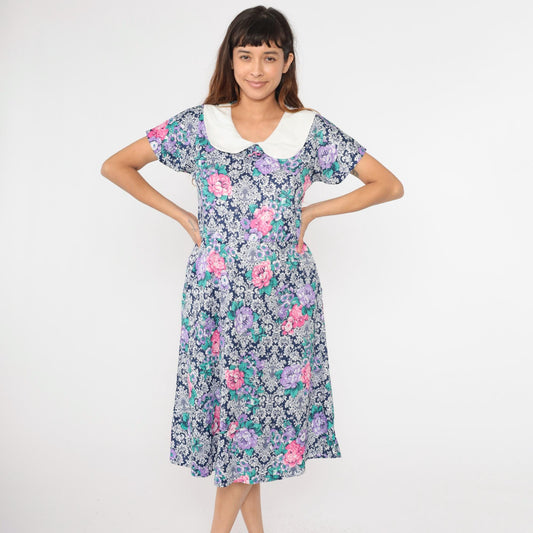 80s Floral Midi Dress Peter Pan Collar High Waisted Pockets Blue Pink Purple Large