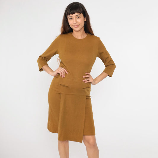 1960s Mod Scooter Dress Mustard Brown Wool Blend Drop Waist Pleated Small