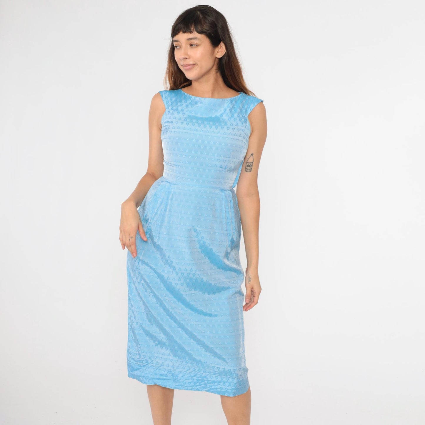 1960s Light Blue Heart Textured Cocktail Dress A-Line Sleeveless Extra Small