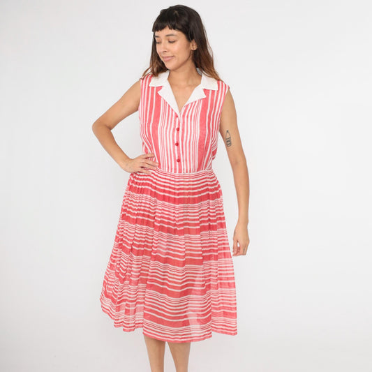 70s Red White Striped Midi Shirtdress Button Up High Waisted Pleated Medium