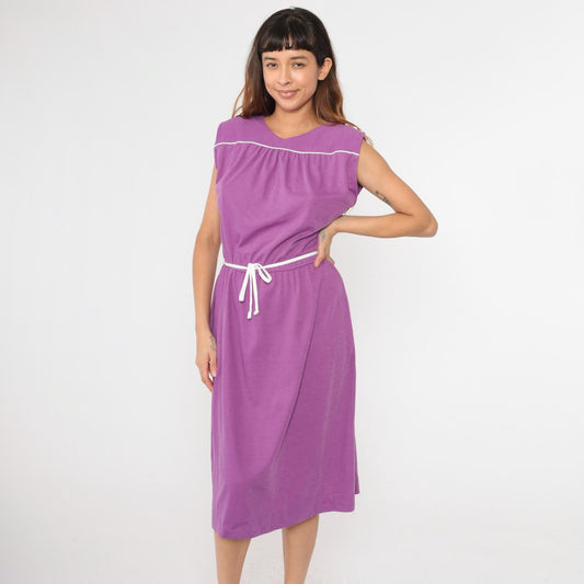 80s Purple Midi Sundress Sleeveless High Waist Button Shoulder Small Medium